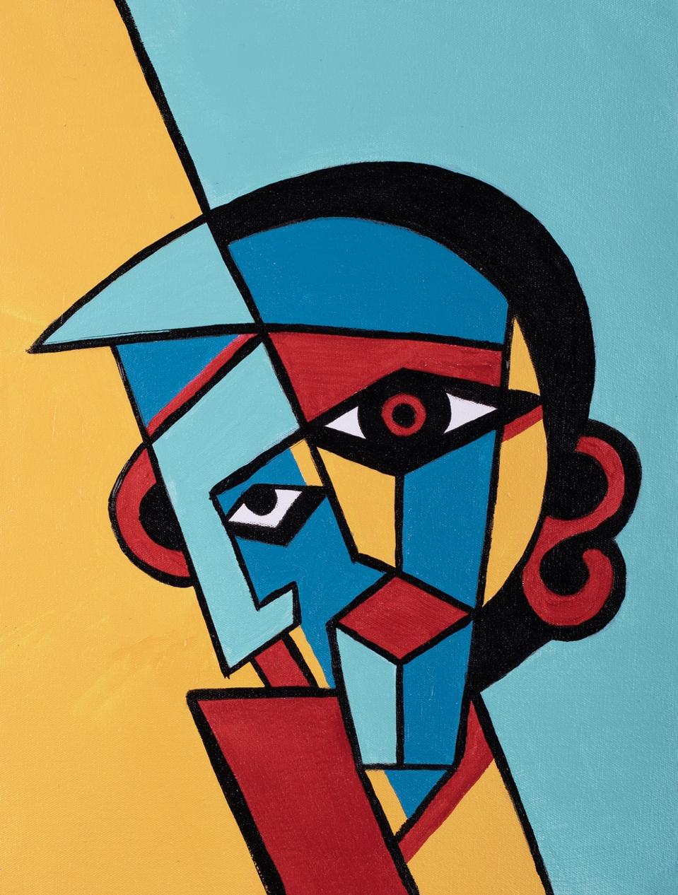 Abstract painting of man versus machine cubism style artwork