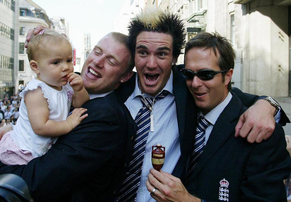 England's 2005 Ashes heroes Pietersen, Flintoff and Vaughan celebrate on the team bus.