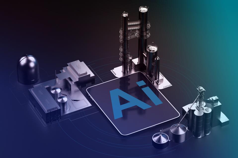 industrial enterprises around tablet with ai text on black background