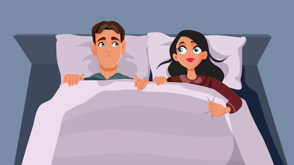Stressed Young Couple Sitting in Bed Vector Cartoon Illustration