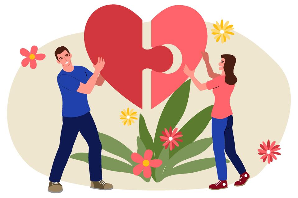 Clip art of young couple put together a puzzle that forms a heart