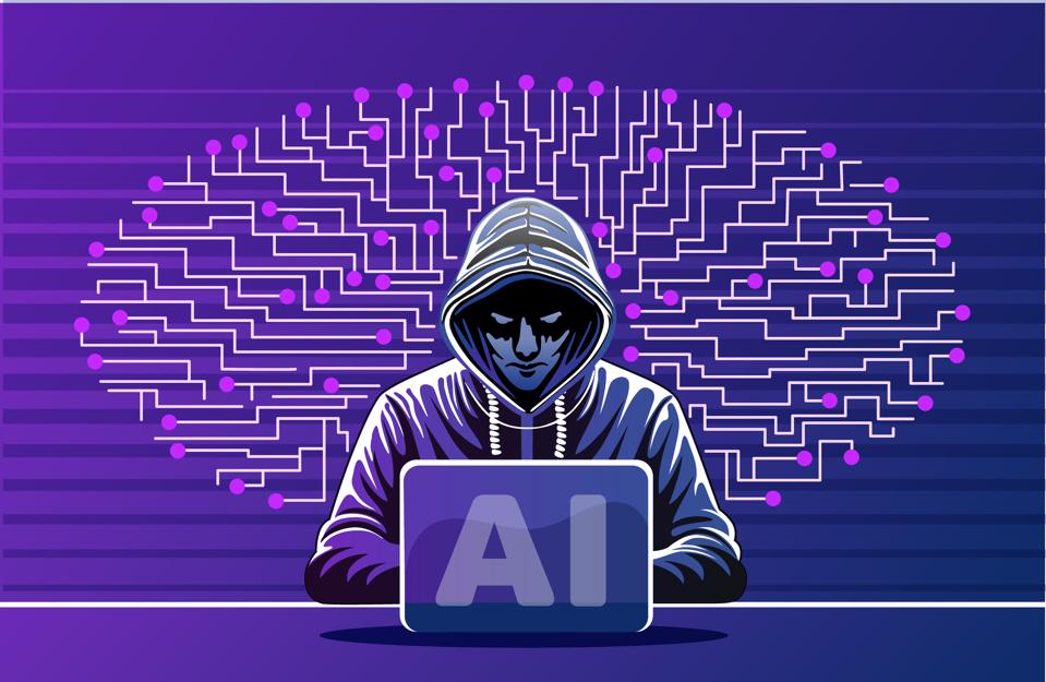 Digital illustration of a hacker in a hoodie working on a laptop labeled “AI.” Hackers’ use of AI concept