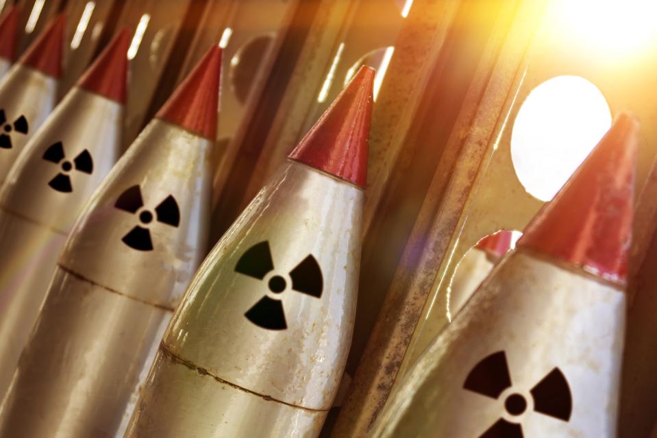 The nuclear warheads of a ballistic missile are aimed upwards for a nuclear strike.