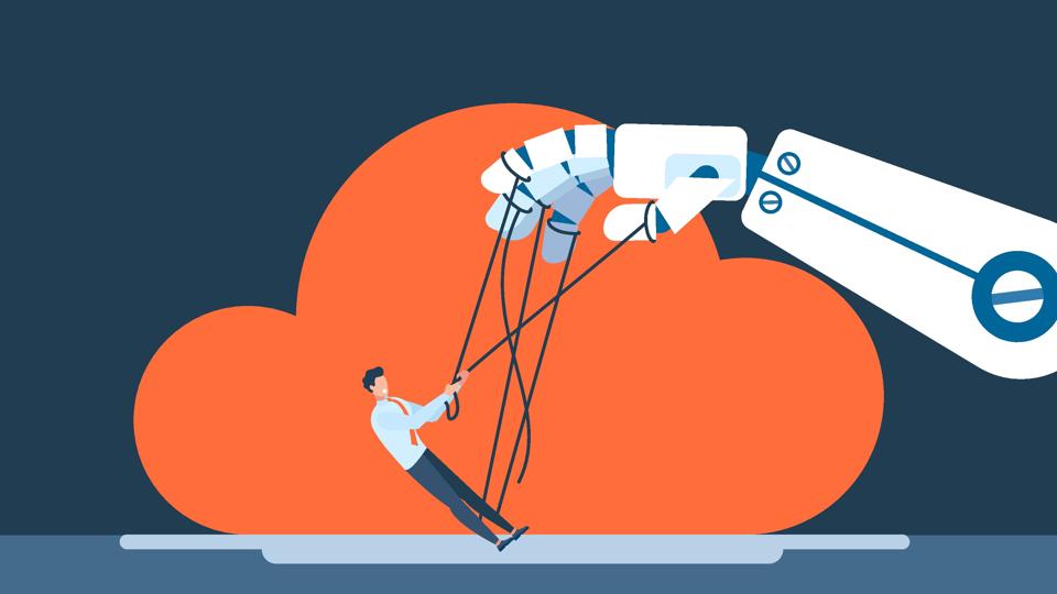 Man breaks free from dependence on AI. Robot controlling puppet business human. Robotic cyborg hand manipulating human puppet on red background. Robot. Artificial Intelligence. Vector illustration