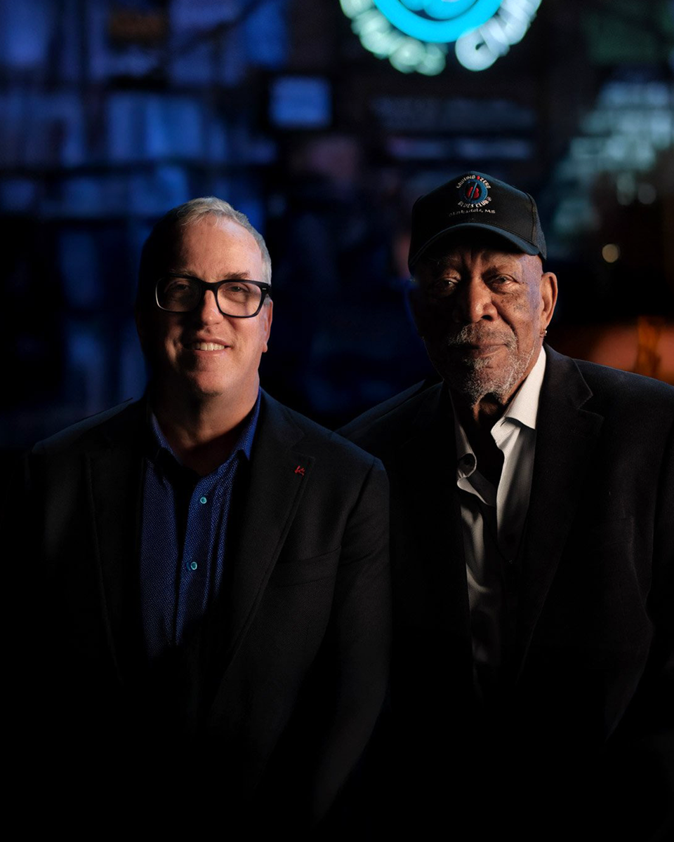 Eric Meier (left) and Morgan Freeman (right) co-own Ground Zero Blues Club in Clarksdale, Mississippi, partnering for this summer's launch of the 'Morgan Freeman's Symphonic Blues Experience' concert tour 