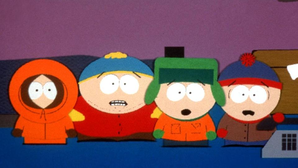 1998 "Kenny", "Cartman", "Kyle", and "Stan" are the characters in the hit series "South Park."