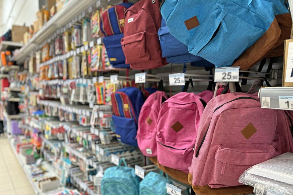 School backpacks at stationery shop