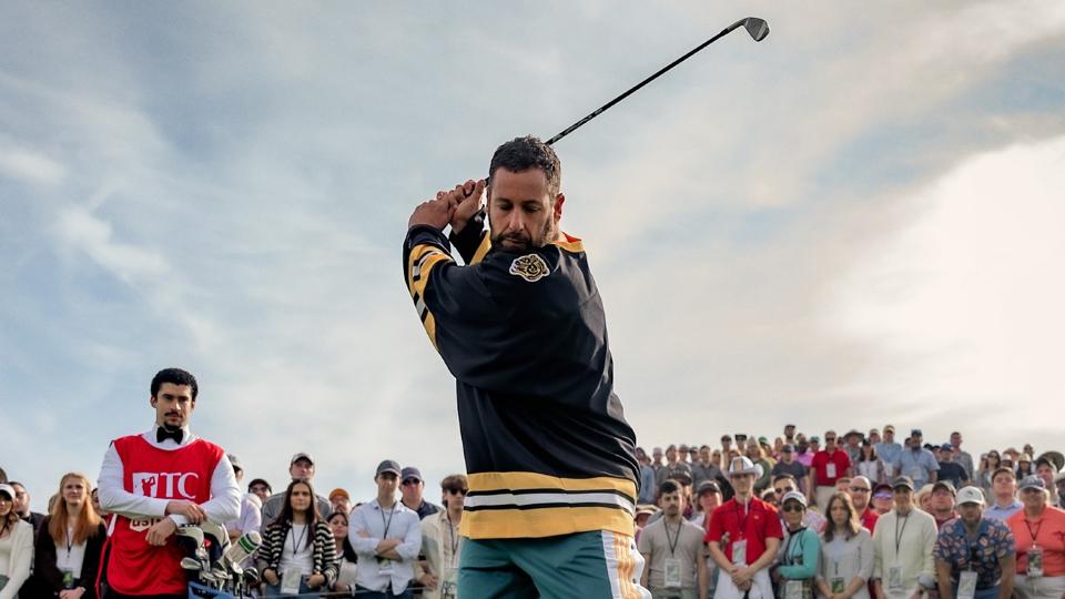 Benito Antonio Martínez Ocasio (aka Bad Bunny) and Adam Sandler in "Happy Gilmore 2."