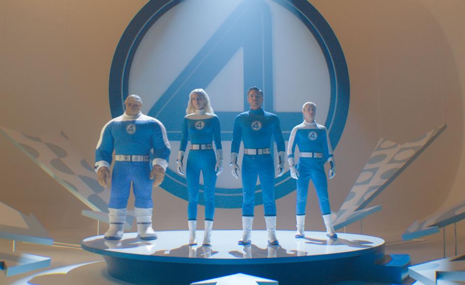 (L-R): Ebon Moss-Bachrach as Ben Grimm/The Thing, Vanessa Kirby as Sue Storm/Invisible Woman, Pedro Pascal as Reed Richards/Mister Fantastic and Joseph Quinn as Johnny Storm/Human Torch in THE FANTASTIC FOUR: FIRST STEPS