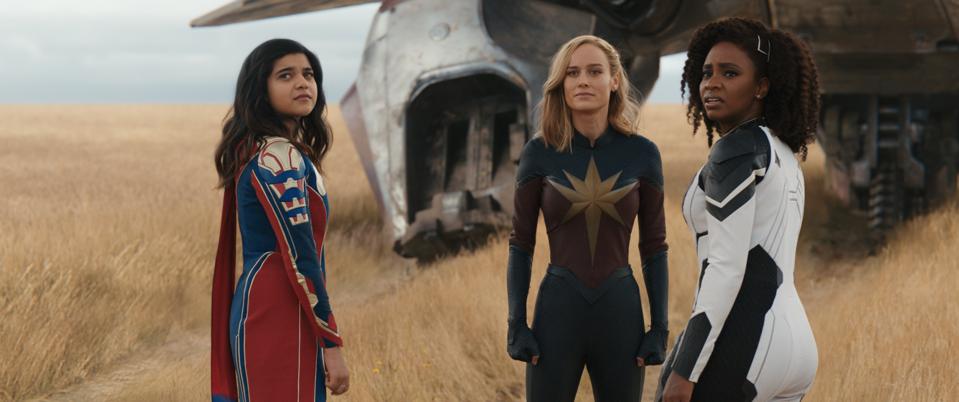 Iman Vellani as Ms. Marvel/Kamala Khan, Brie Larson as Captain Marvel/Carol Danvers, and Teyonah Parris as Captain Monica Rambeau in Marvel Studios' THE MARVELS.