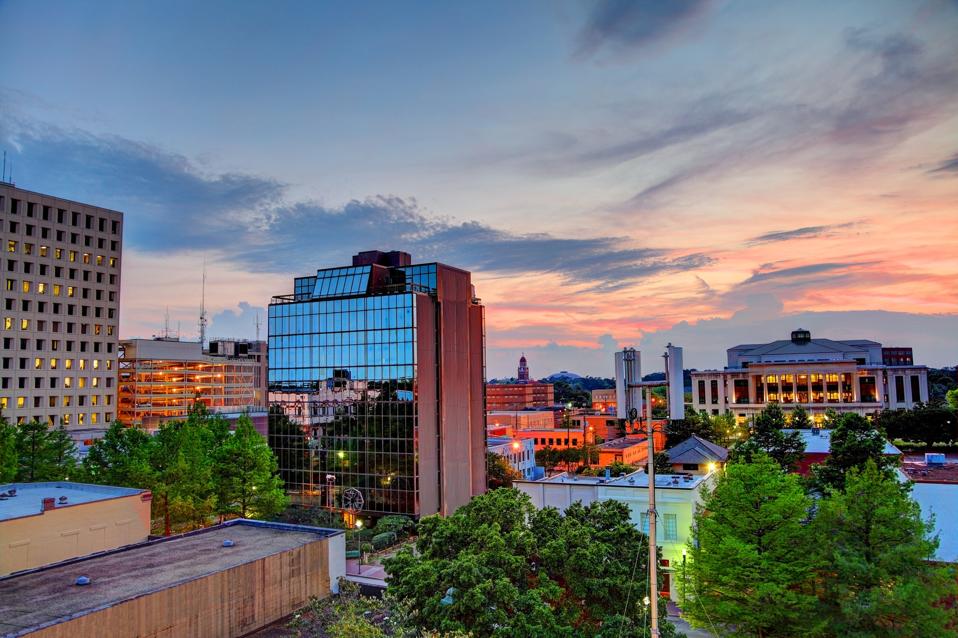 A wide shot of several buildings in Lafayette, Louisiana