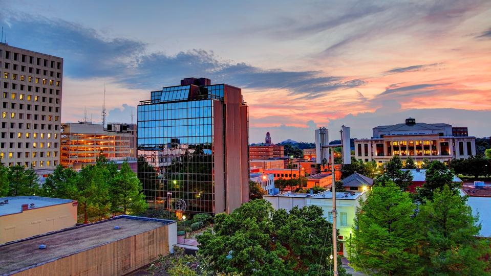 A wide shot of several buildings in Lafayette, Louisiana