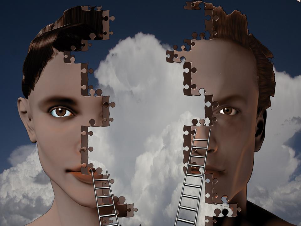 Two human faces made of puzzle pieces symbolize AI memory, identity modeling, and the right to be forgotten in the age of ChatGPT and OpenAI.