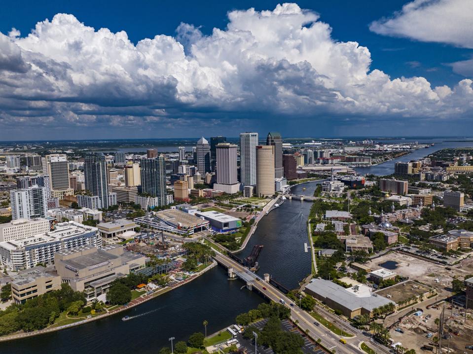 Aerial drone View of sprawling Tampa Bay Skyline, Florida