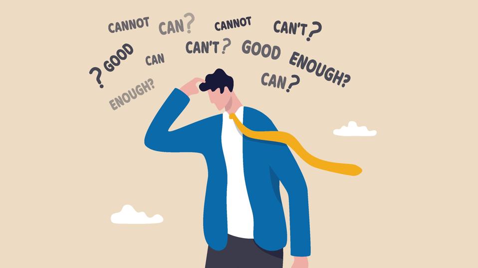 Self doubt, imposter syndrome or personal incompetence, confusion or no confidence to make decision or not good enough thinking concept, self doubt businessman thinking if he can or cannot make it.
