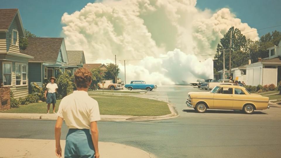 A retro-looking image shows two boys in a 1950s suburb, a giant cloud of smoke behind them