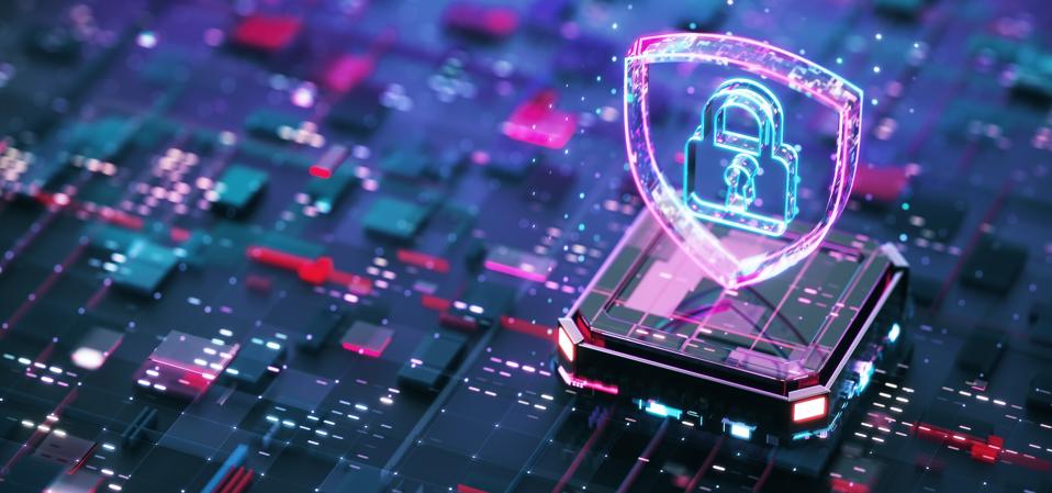 Digital security concept. Digital shield firewall with central computer processor and futuristic motherboard.