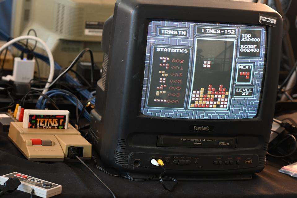 Tetris is played on a CRT TV. 