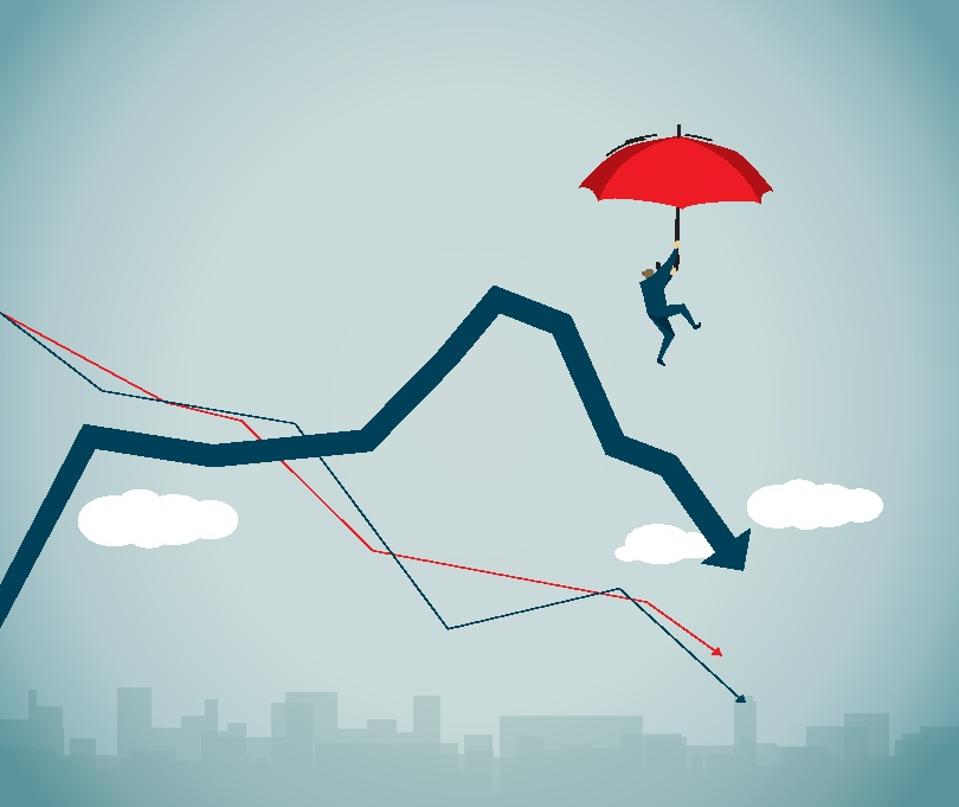 Illustration of person with parachute floating above downward-trending lines