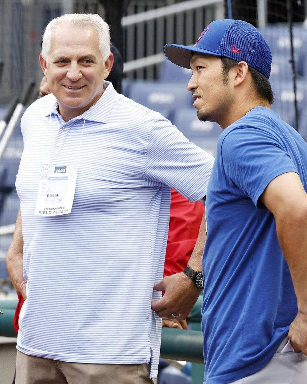 MLB agent Joel Wolfe of Wasserman with the Chicago Cubs' Seiya Suzuki.