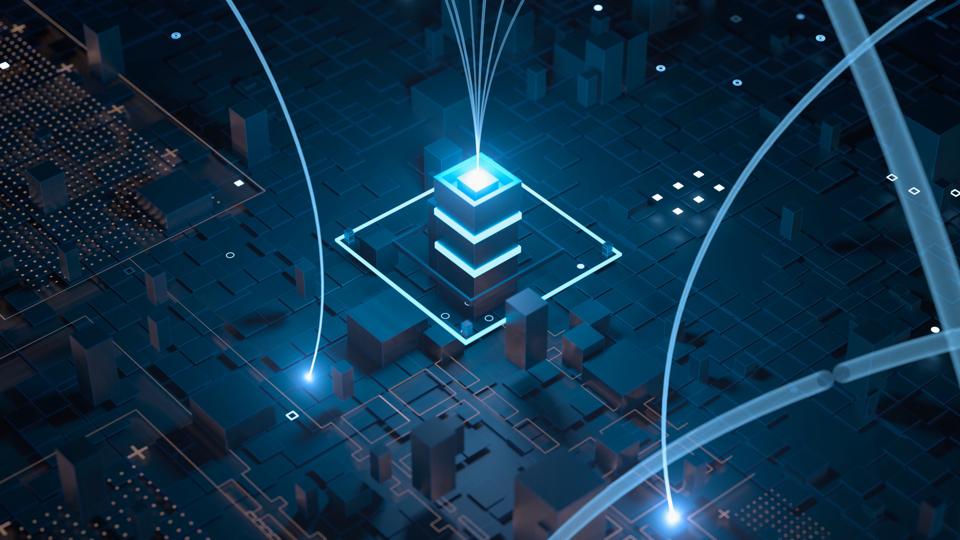 3d render abstract technology background with connection arcs ang bright tower elements.