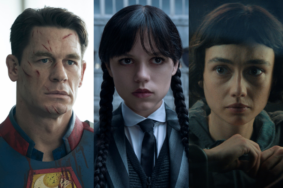 L to R: Peacemaker Season 2, Wednesday Season 2, Alien Earth Season 2