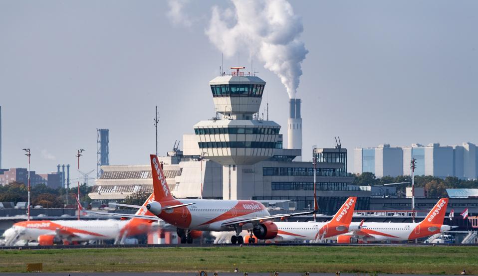 A fleet of easyJet aircraft at Tegel Airport.