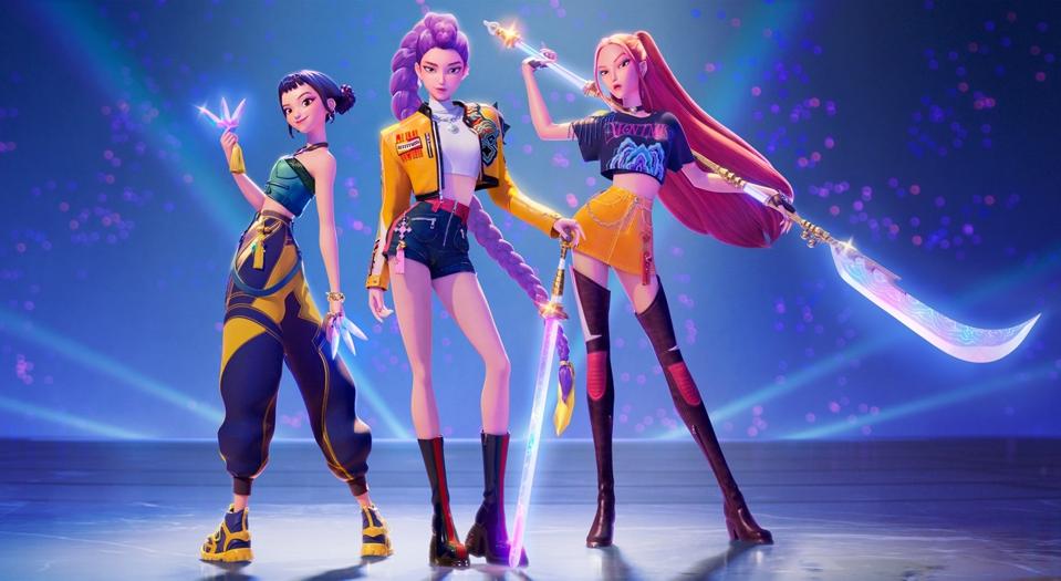 KPop Demon Hunters' Rumi, Mira and Zoey wearing colorful outfits and holding weapons