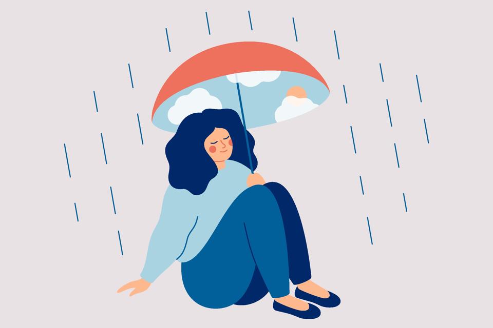 Inner world Concept. Happy woman protects herself from the rain with an umbrella with a blue sky and sun.