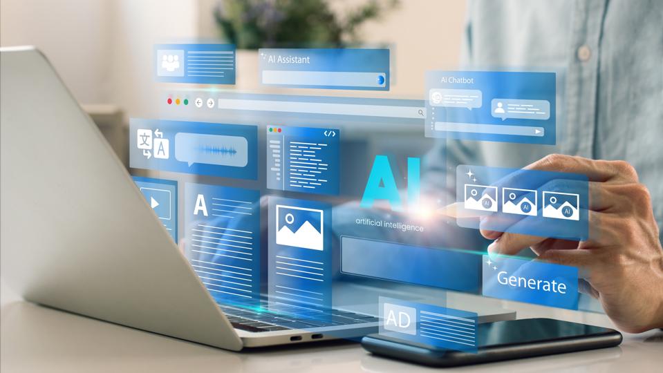 Artificial Intelligence Content Generator. A man uses a laptop to interact with AI assistant. AI offers functions like chatbot, generate images, write code, writer bot, translate and advertising.