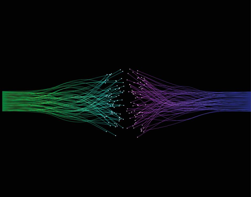 Digital illustration of green fibers coming from the left, converging with blue fibers coming from the right. Combining internal and external data concept