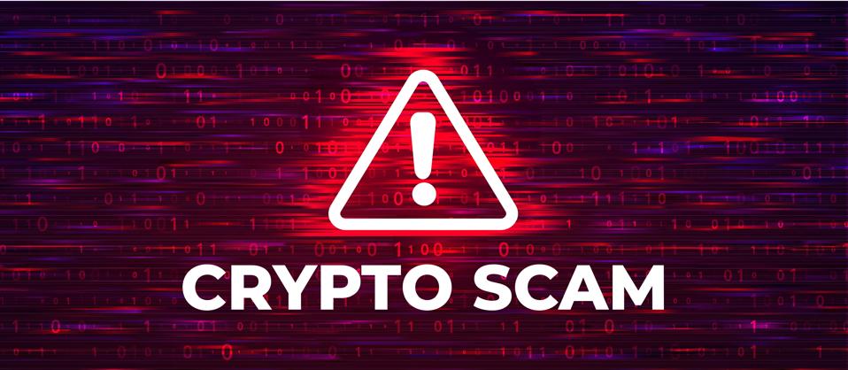 Crypto scam warning symbol on digital binary code background. Cybersecurity and fraud prevention concept for design