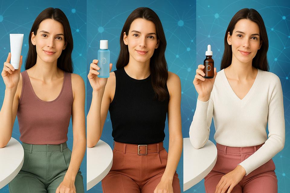 Un modèle virtuel portant trois costumes différents favorisant trois produits de soin différents.  
