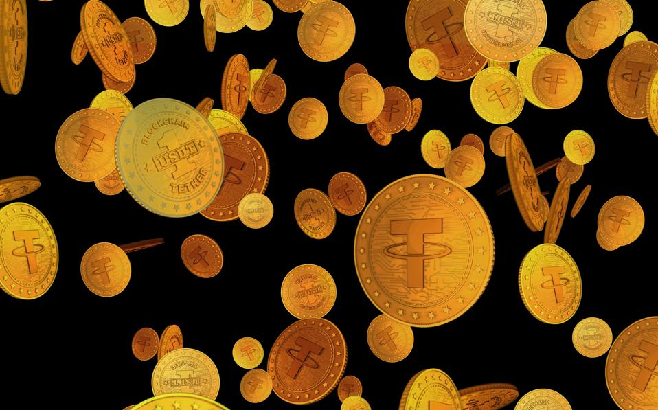 Tether,Cryptocurrency,Symbol,Gold,Coin,On,Green,Screen,Background.,Abstract