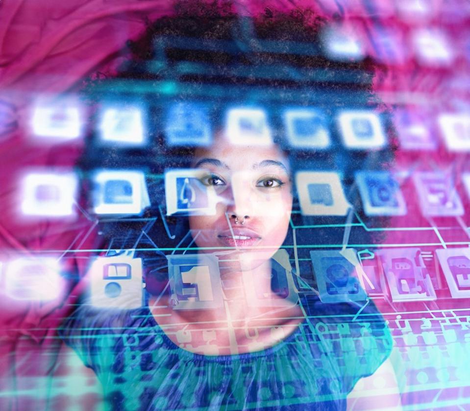 Millenial woman lying down absorbing digital data, deeply integrating with AI technology