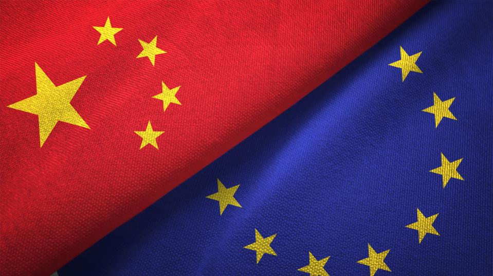 European Union and China two flags together realations textile cloth fabric texture