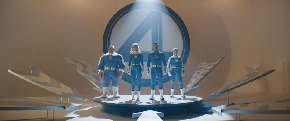 Ebon Moss-Bachrach, Vanessa Kirby, Pedro Pascal, and Joseph Quinn star in "The Fantastic Four: First Steps."
