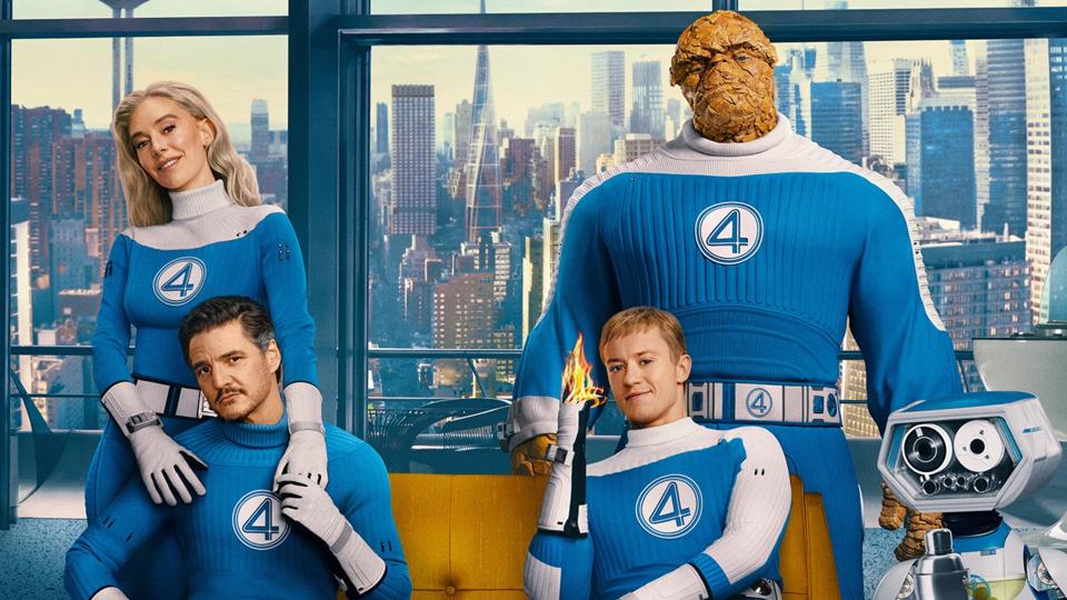 "The Fantastic Four: First Steps" poster featuring Vanessa Kirby, Pedro Pascal, Joseph Quinn and Ebon Moss-Bachrach.