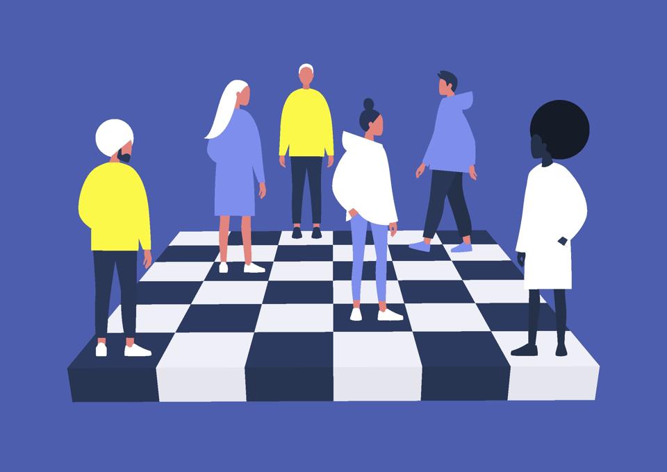 A group of diverse characters playing chess on a chessboard, management concept