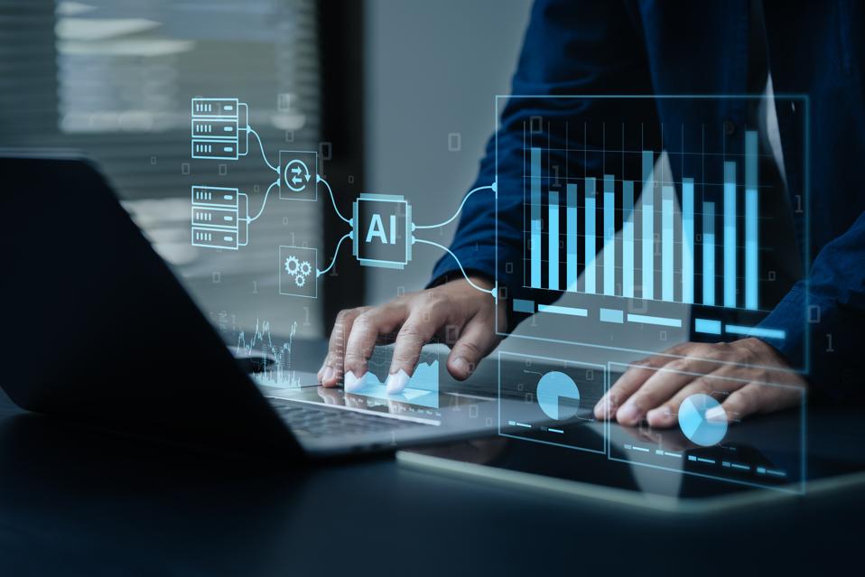 AI, data analysis. Businessmen use AI to analyze financial-related data. Complex performance measurements of big data using modern innovative technologies