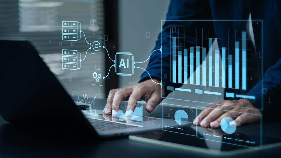 AI, data analysis. Businessmen use AI to analyze financial-related data. Complex performance measurements of big data using modern innovative technologies
