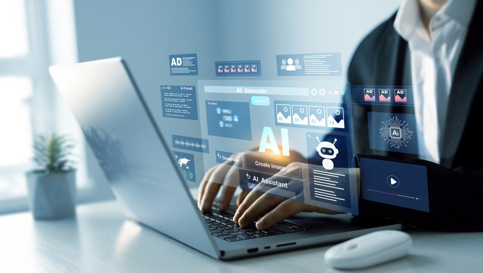 Professional uses ChatGPT prompts on a laptop, illustrating how AI helps complete work tasks faster.