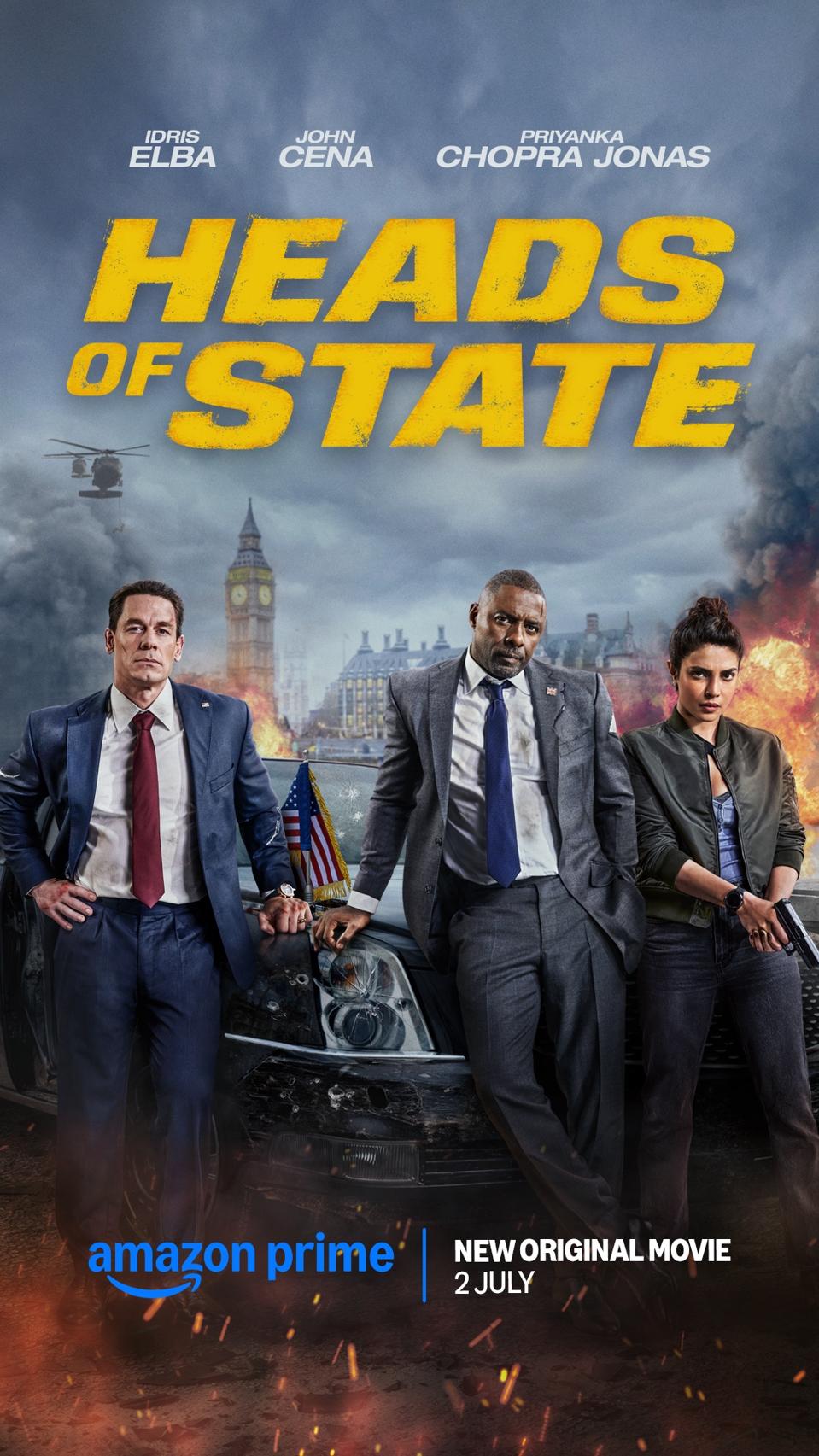 Indian star Priyanka Chopra Jonas with Idris Elba and John Cena on a poster of the Prime Video original 'Heads of State'.