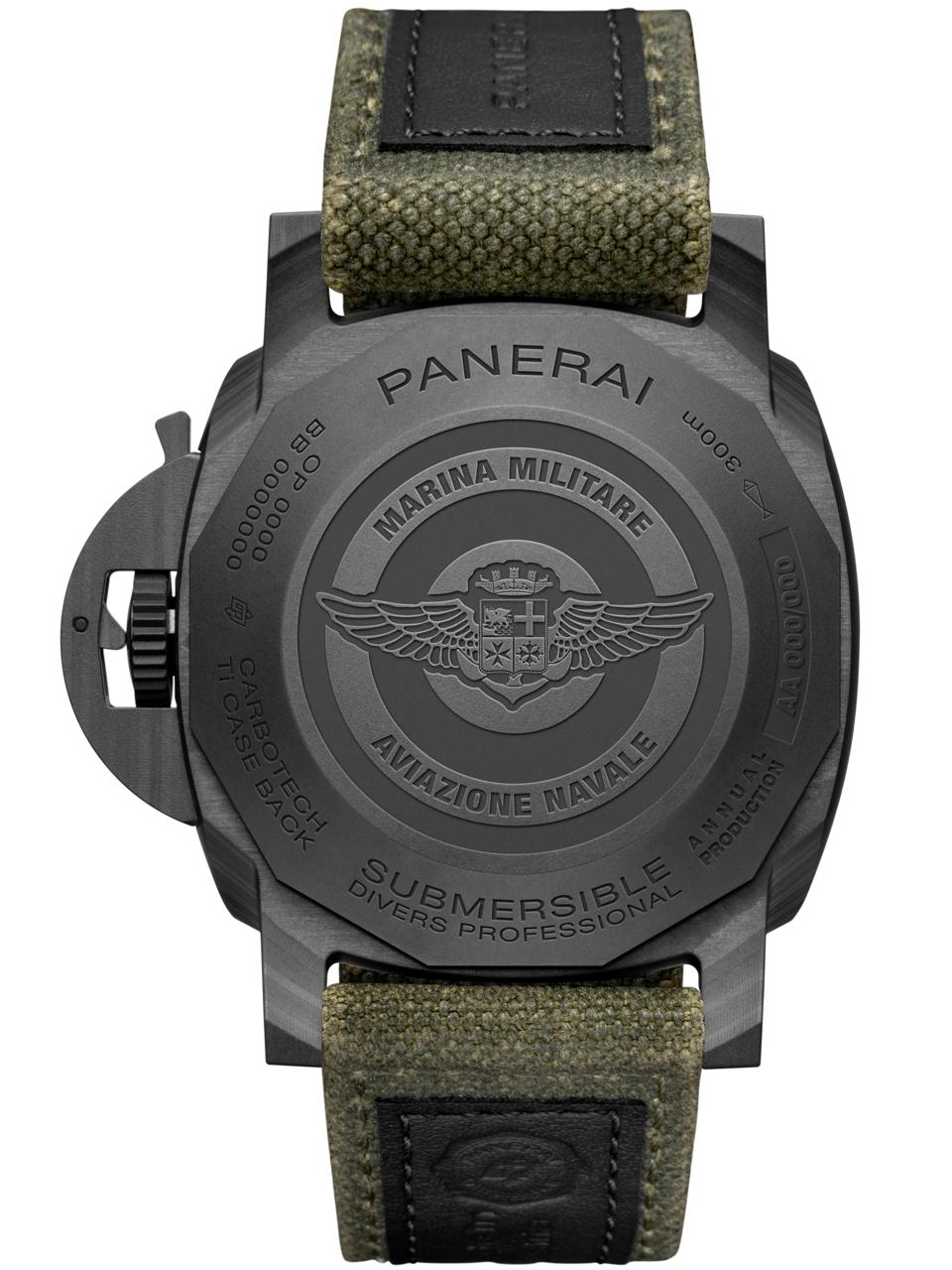 The casebacks of both Panerai watches are engraved with the Aviazione Navale wings emblem