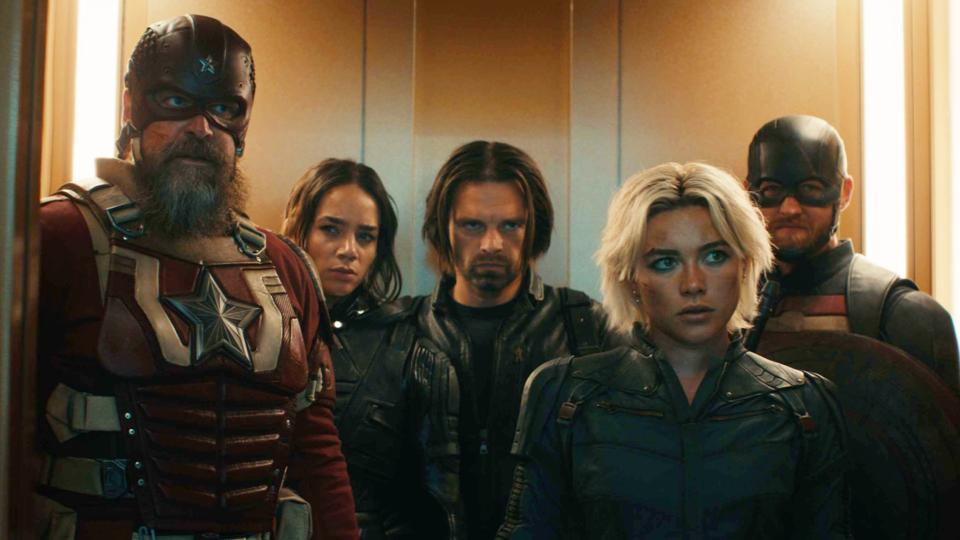 David Harbour, Hannah John-Kamen, Sebastian Stan, Florence Pugh and Wyatt Russell in "Thunderbolts*."