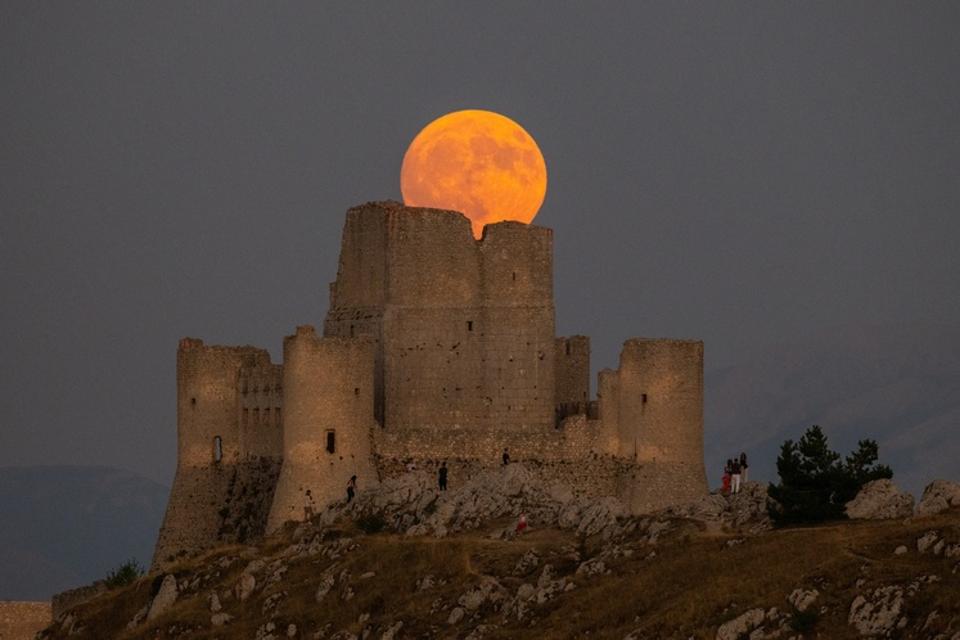 Sturgeon Full Moon Rising Behind Rocca Calascio, Italy