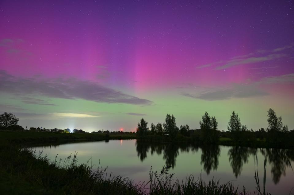 Northern lights over the river Vecht in Overijssel, Netherlands