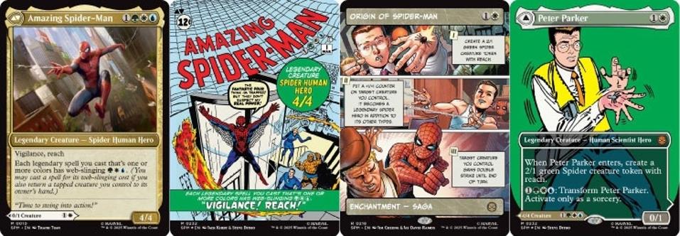 An image of four Spider-Man themed Magic: The Gathering cards