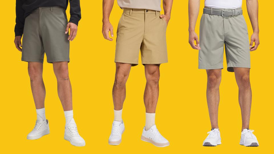 Three men wearing different golf shorts from the waist down over a red background