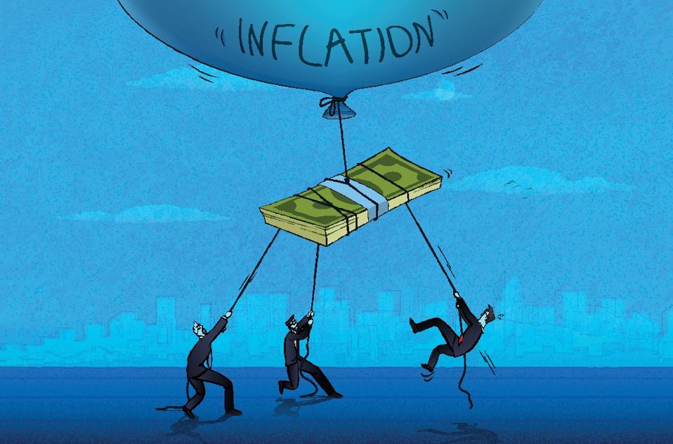 Image of an inflation balloon pulling cash into the air while people try to prevent it. 